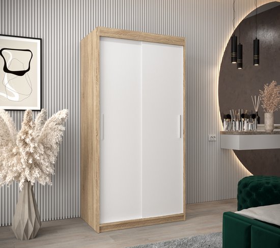 InspireMe - Armoire avec 2 portes coulissantes, Style moderne, Armoire avec étagères (LxHxP): 100x200x62 - TORM 100 Chêne Sonoma + Wit Mat