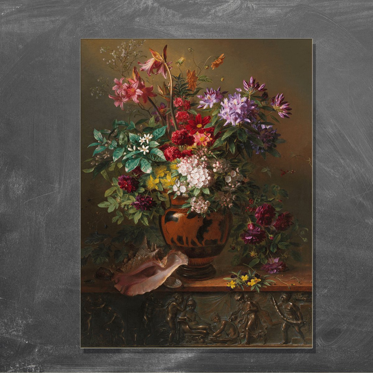 Wanddecoratie / Schilderij / Poster / Doek / Schilderstuk / Muurdecoratie / Fotokunst / Tafereel Stilleven met bloemen in een Griekse vaas, allegorie op de Lente - Georgius Jacobus Johannes van Os gedrukt op Forex