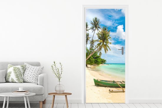 Deurposter 95x215 cm - Deursticker Strand - Kano - Palmboom - Tropical - Meubelfolie zelfklevend - Deurfolie woonkamer - Interieurfolie fotobehang - Deur plakfolie - Deurstickers - Deurbehang sticker - Kamer decoratie
