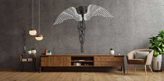 Unieke Handgemaakte Engel, Wanddecoratie, Kunst met 3D effect Hoogte 101 cm x Breedte 133 cm Zwart met Witte Vleugel