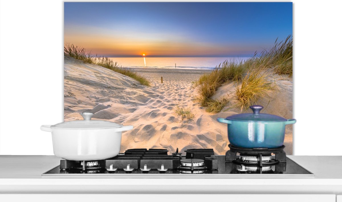 Spatscherm keuken 80x55 cm - Kookplaat achterwand Duin - Zonsondergang - Horizon - Strand - Gras - Muurbeschermer - Spatwand fornuis - Hoogwaardig aluminium