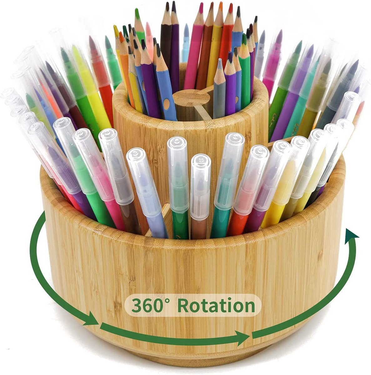 Bamboe pennenhouder organisator, ronde roterende kunstlevering organisator, houd 420 potloden vast, desktopopslag voor markeerpennen, kleurpotlood, kunstborstels, enz.