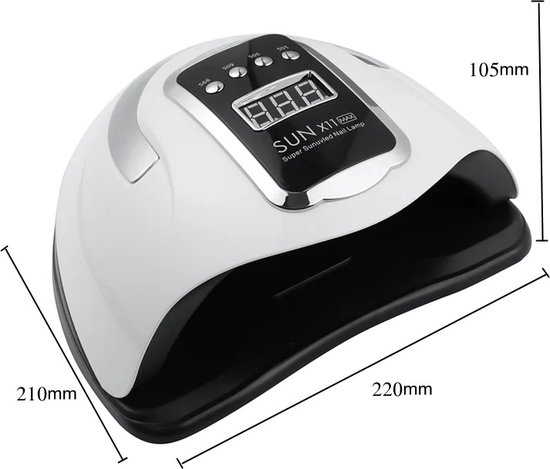Witte SUN X11 MAX UV LED nagellamp met afmetingen 220x210x105mm. Digitale display bovenop.