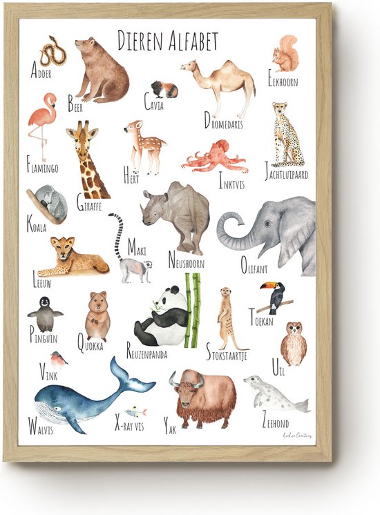 LoeLoe Creations - Dieren Alfabet Poster - 30 x 40 cm - Nederlands - Kinderkamer - Educatief ABC