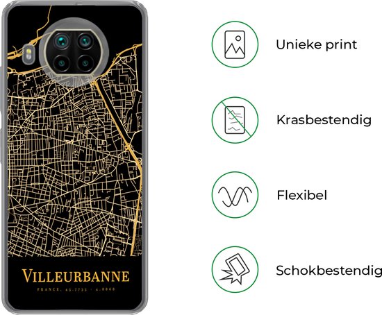 Telefoonhoesje Geschikt voor Xiaomi Mi 10T Lite 5G hoesje - Villeurbanne - Kaart - Goud - Siliconen Telefoonhoesje Telefoonhoesje