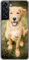 Geschikt voor Samsung Galaxy S22 hoesje - Een portret van een Golden Retriever puppy in de tuin - Siliconen Telefoonhoesje