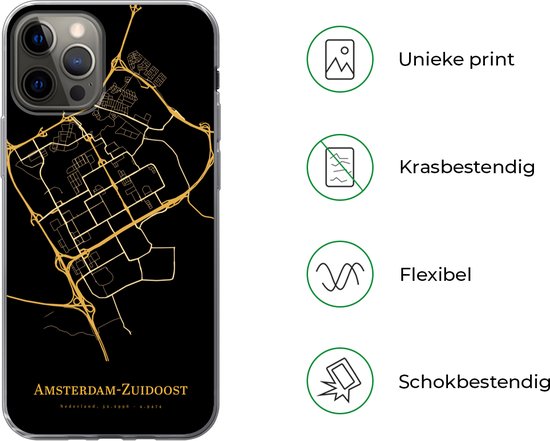 Coque iPhone 13 Pro - Amsterdam- Sud-Est - Carte - Or - Siliconen - City Map Phone Case