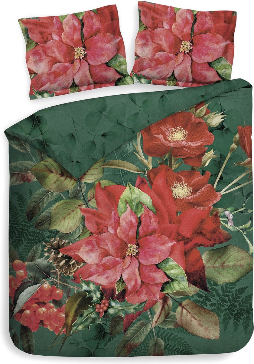 Heckettlane Dekbedovertrek Castor - Bedlinnen met Bloemen print - 200x220 - Groen - Dekbedhoes van 100% Katoen-Satijn