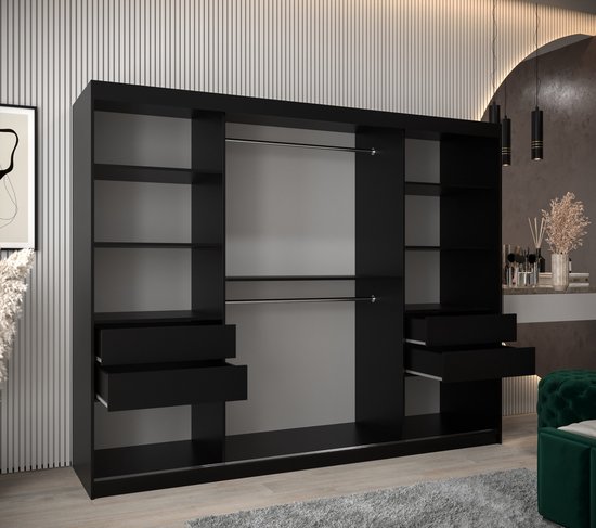 InspireMe - Armoire avec 3 portes coulissantes, Style moderne, Une armoire avec étagères (LxHxP): 250x200x62 - MALTESE 250 Zwart Mat avec 4 tiroirs