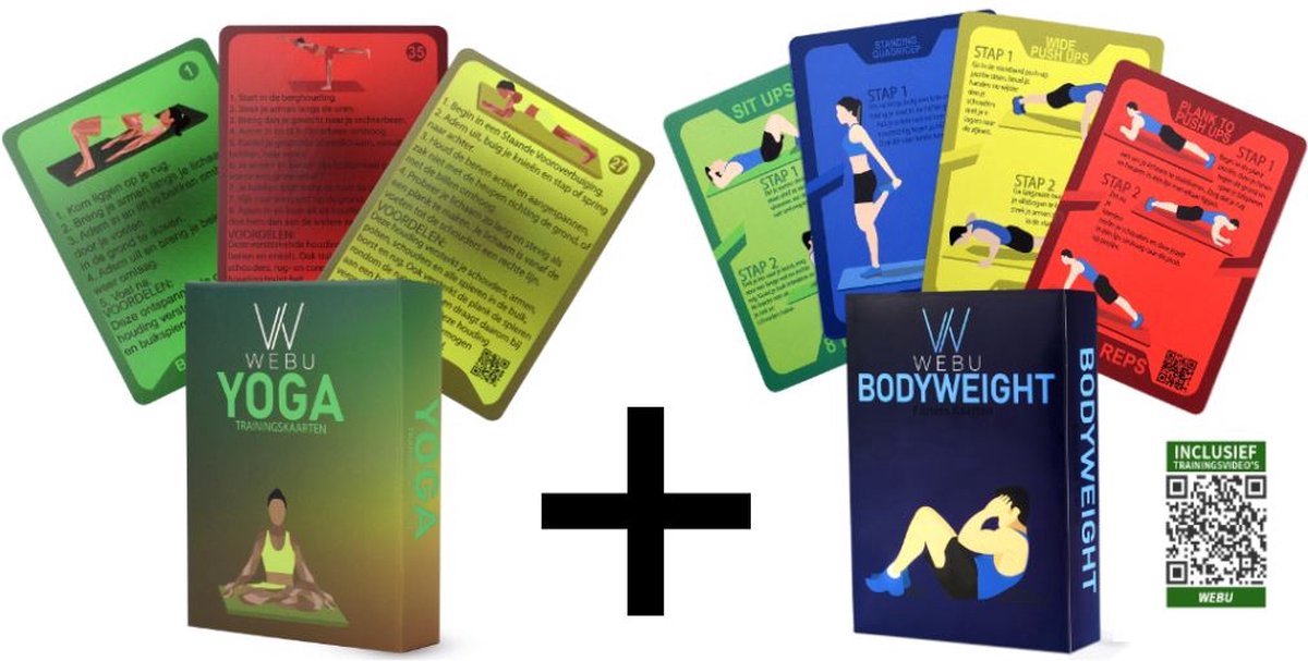 WEBU 51 Yoga Trainingskaarten + 51 Bodyweight Workout Kaarten - Incl. Professionele Video’s - Fitness - Yoga - Crossfit - Mat - Pilates - Thuis Sporten