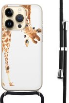 Hoesje met koord - Geschikt voor iPhone 14 Pro - Giraffe - Verstelbaar zwart koord - Bruin, Transparant - Giraffe - Leuke Telefoonhoesjes