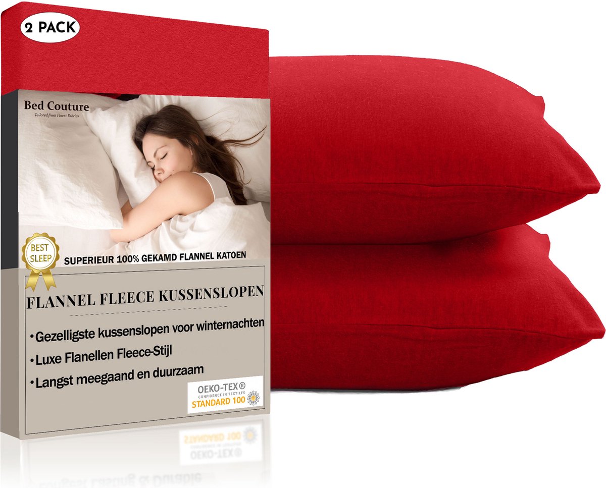 Bed Couture Flanel Fleece Kussenslopen - 100% Katoen Extra zacht en Warm - Set van 2 - 65x65 Cm - Rood