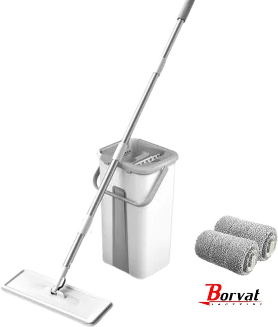 Borvat® | Auto Clean Mop | Dweil | 2 in 1 dweilsysteem | Voor alle vloertypes | 360° draaibare kop | wit |  Inc 2 Microvezeldoeken