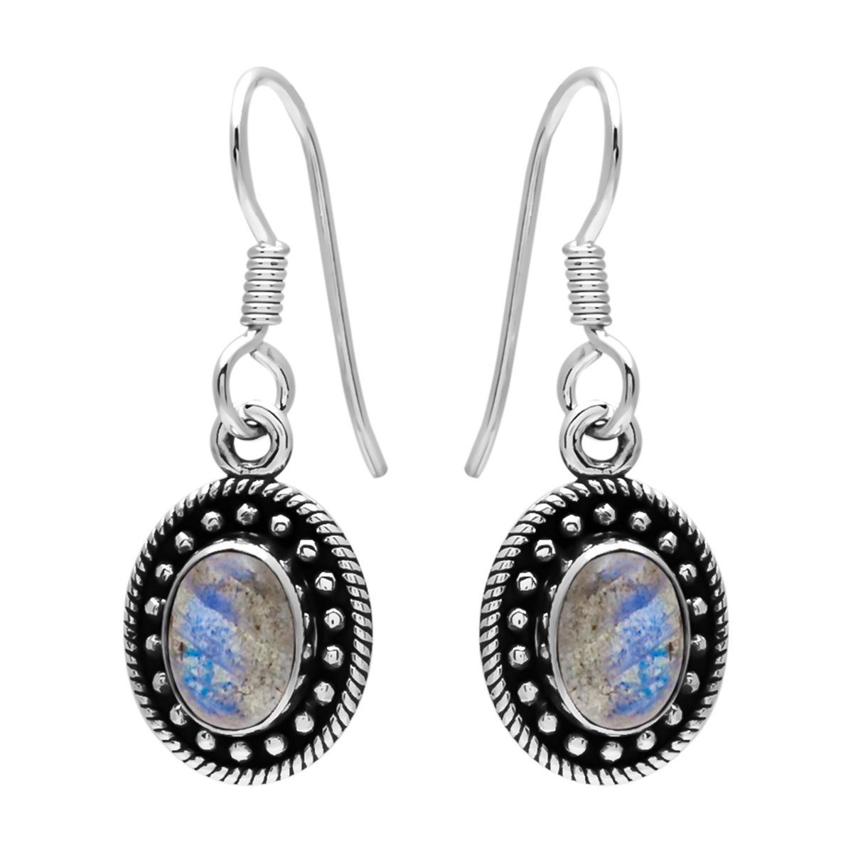 Zilveren oorbellen met hanger dames | Zilveren oorhangers, labradoriet steen en geoxideerde delen