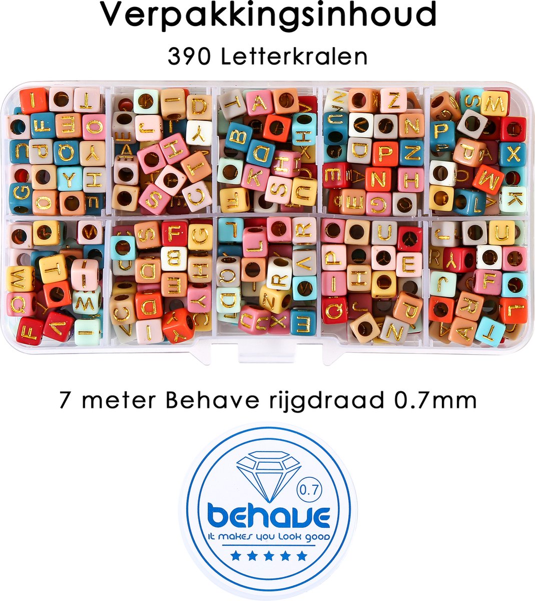 Behave Vierkante Letterkralen Set - Multi Color met Gouden Letters - Acryl - Kralen - Alfabet Kralen - 6mm - 390 Stuks — afbeelding 7