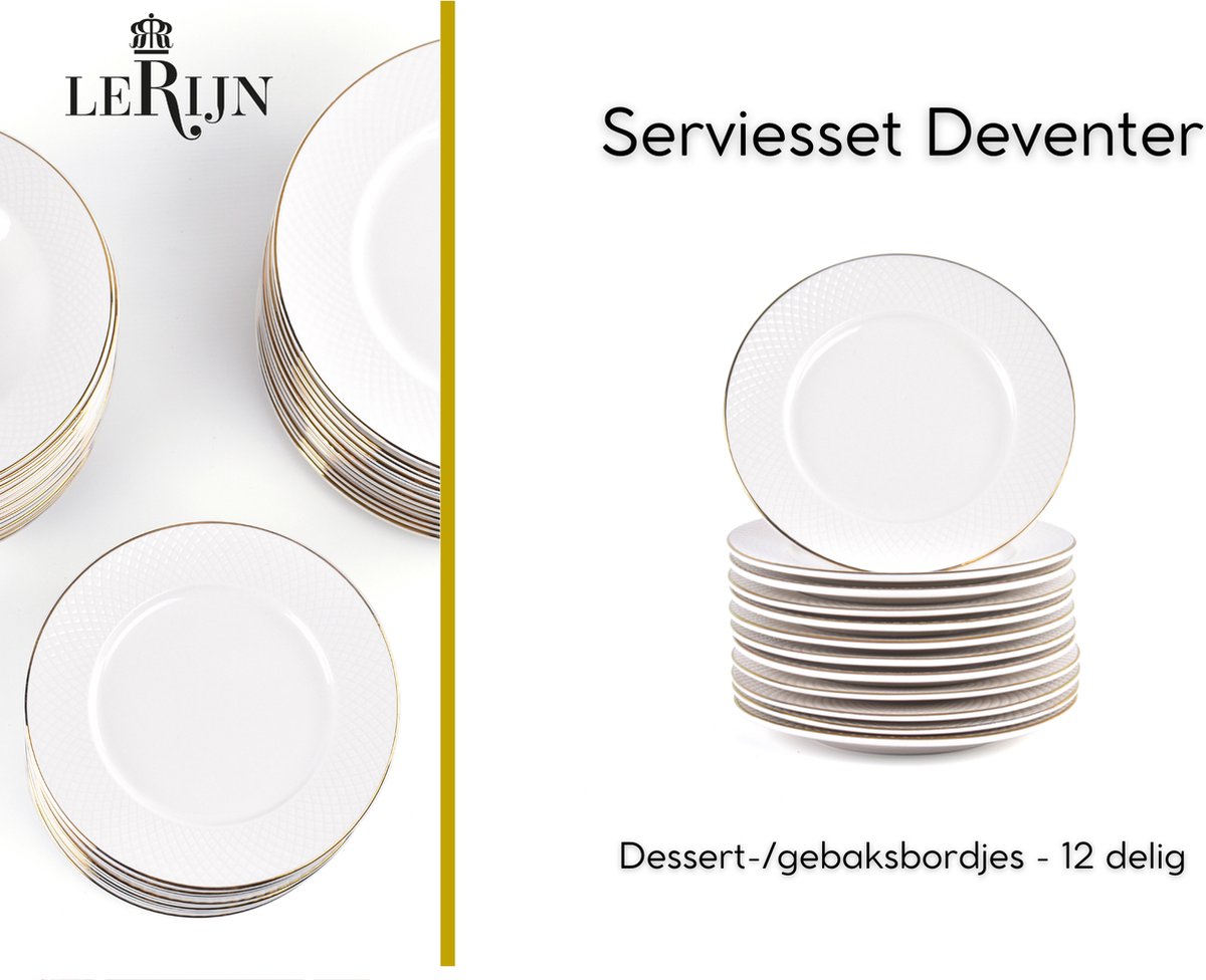 LeRijn® Gebaksbordjes Deventer - 12 stuks - Crème wit met gouden rand - Porselein - Dessert bordjes set