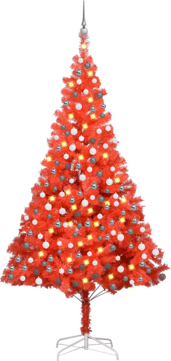Prolenta Premium - Kunstkerstboom met LED's en kerstballen 210 cm PVC rood