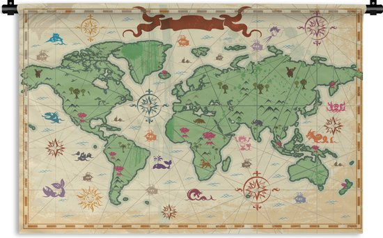 Wandkleed Eigen Wereldkaarten - Wereldkaart Schatkaart Wandkleed katoen 90x60 cm - Wandtapijt met foto