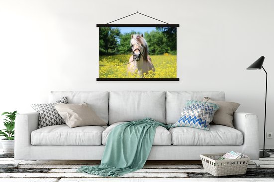 Posterhanger incl. Poster 120x80 cm - Schoolplaat - Paard - Bloemen - Geel - Textielposter - Zwarte latten