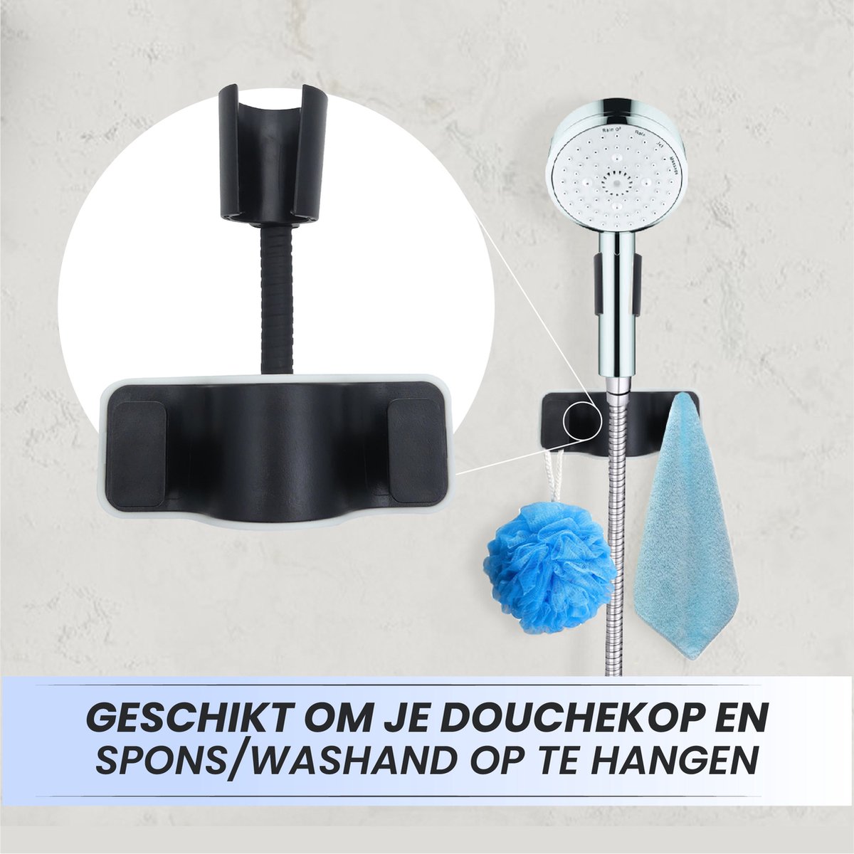 Lenga Douchekophouder zwart Zelfklevend Douchekop houder met haken