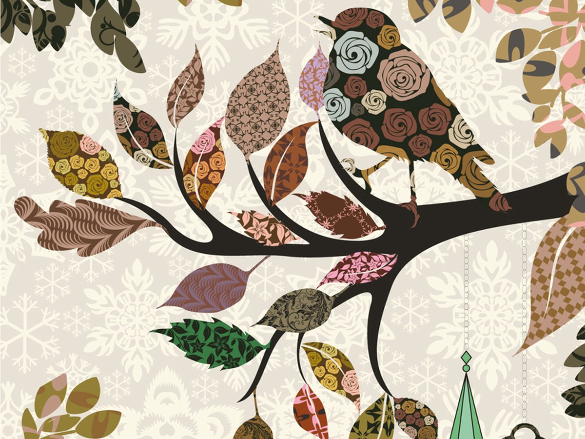 Fotobehang - Boomtak met vogel (patchwork).