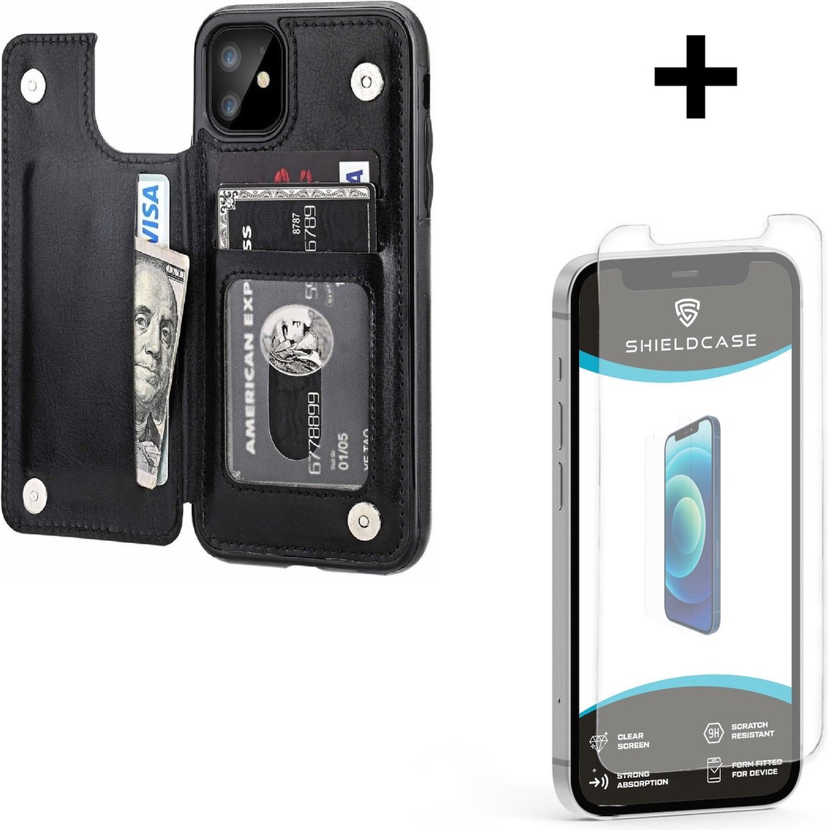 ShieldCase telefoonhoesje geschikt voor Apple iPhone 12 Mini wallet case - 5.4 inch - ruimte voor pasjes - pasjeshouder - portemonnee - zwart + glazen Screen Protector