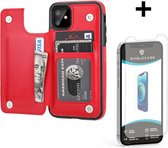 ShieldCase Wallet case geschikt voor Apple iPhone 12 Mini - 5.4 inch - rood + glazen Screen Protector