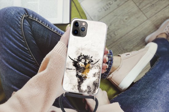 Coque avec cordon iPhone 13 Pro Max - Highlander écossais - Peinture - Fleurs - Siliconen - Bandoulière - Coque arrière avec cordon - Coque pour téléphone avec cordon - Coque avec corde