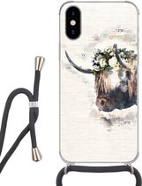 Hoesje met koord Geschikt voor iPhone X - Schotse hooglander - Rook - Bloemen - Siliconen - Crossbody - Backcover met Koord - Telefoonhoesje met koord - Hoesje met touw