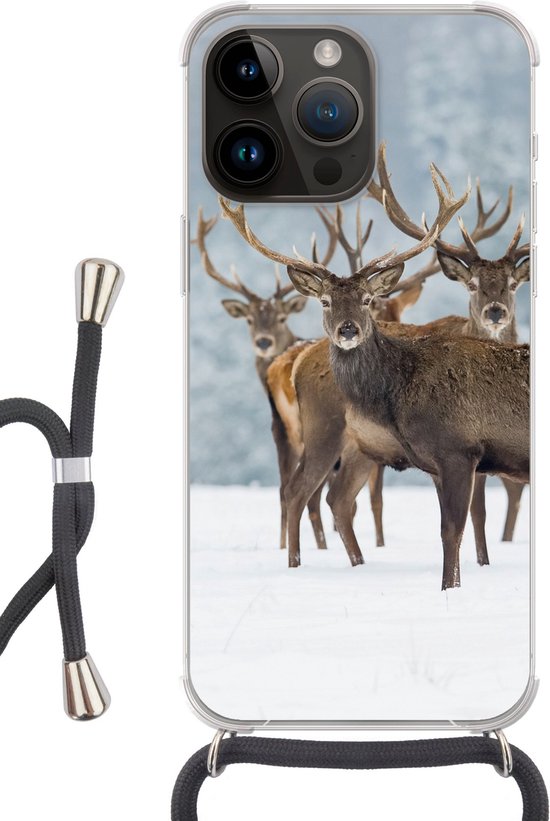 Apple iPhone 14 Pro - Étui à bandoulière - Cerf - Animaux - Neige - Hiver - Paysage - Nature - Siliconen - Bandoulière - Coque arrière avec cordon - Étui pour téléphone avec cordon - Étui avec corde