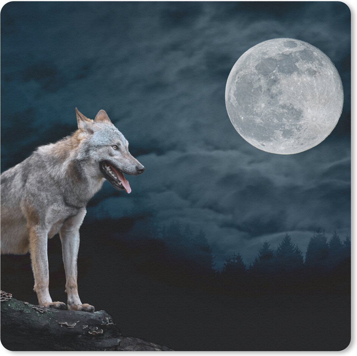 Muismat 20x20 cm - Mousepad Wolf - Maan - Nacht - Dieren - Portret - Muismatten