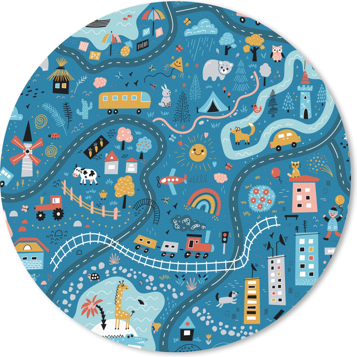 Muismat rond 50x50 cm - Mousepad Kinderen - Auto - Dieren - Blauw - Ronde muismatten