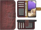 Geschikt voor Samsung Galaxy A32 hoesje - 5G - Wallet Case - A32 Wallet Book Case Echt Leer Croco Bordeauxrood Cover