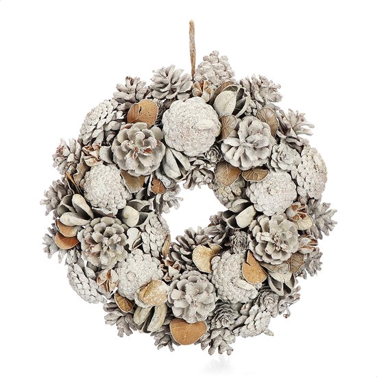 deurkrans voor kerst witte adventskrans met blaadjes en kegels