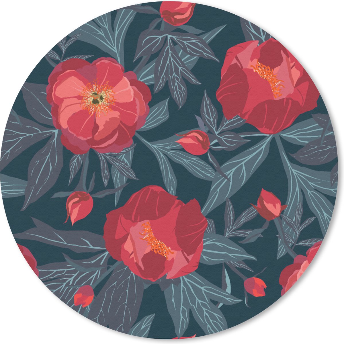 Muismat rond 40x40 cm - Mousepad Bloemen - Rood - Bladeren - Patronen - Ronde muismatten