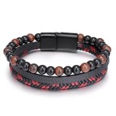 Bracelet homme - double cordon - rond cuir tressé noir - pierre naturelle brillante noir rouge - perles - Leerella - fermoir acier inoxydable noir - Modèle O - Saint Valentin - Anniversaire - Cadeaux