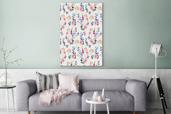 Tableau sur toile Fleurs - Papillons - Collage - 80x120 cm - Décoration murale
