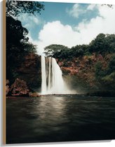 WallClassics - Hout - Hoge Waterval in Meer - 75x100 cm - 12 mm dik - Foto op Hout (Met Ophangsysteem)