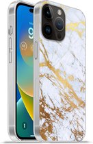 Geschikt voorApple Iphone 14 Pro Max hoesje - Marmer print - Goud - Wit - Luxe - Marmer printlook - Glitter - Siliconen Telefoonhoesje