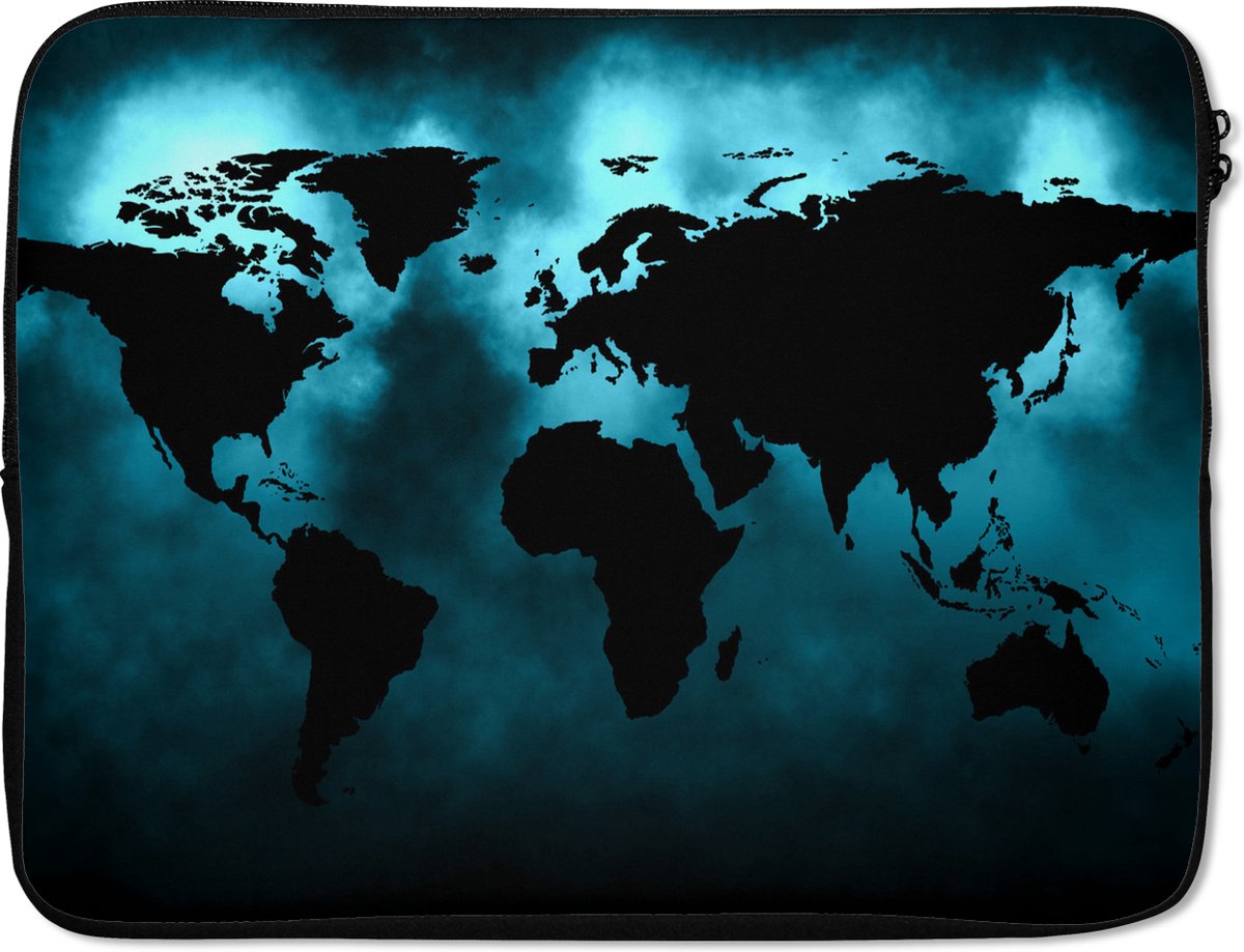 Laptophoes 15.6 inch - Wereldkaart - Zwart - Blauw - Laptop sleeve - Binnenmaat 37x26 cm - Zwarte achterkant