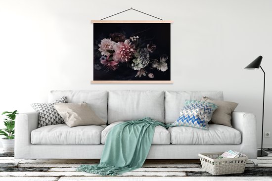 Posterhanger incl. Poster 120x90 cm - Schoolplaat - Bloemen - Vintage - Pastel - Roze - Wit - Textielposter - Blanke latten