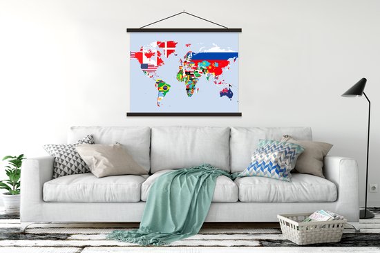 Posterhanger incl. Poster 120x90 cm - Schoolplaat - Wereld - Kaart - Vlag - Landen - Textielposter - Zwarte latten