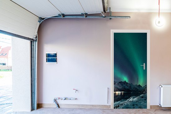 Sticker pour porte Aurores Boréales - Berg - Neige - Vert - Ciel étoilé - Hiver - 90x205 cm - Door Poster