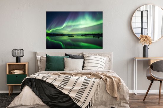 Poster Aurores Boréales - Lac - Islande - Vert - Forêt - Neige - 120x90 cm