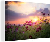 Canvas Schilderij Zonsondergang - Bloemen - Roze - Natuur - Groen - 60x40 cm - Wanddecoratie