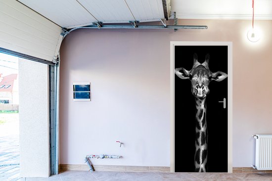 Sticker pour porte Girafe - Portrait - Animaux - Zwart - Wit - 90x215 cm - Affiche de porte