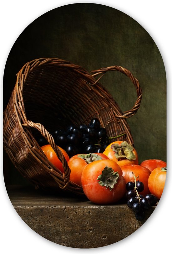 Ovale mural - Ovale mural - Décoration murale en plastique - Tableau ovale - Rustique - Fruits - Pichet - Panier - Nature morte - 80x120 cm - Forme miroir ovale sur plastique