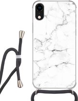 Hoesje met koord iPhone XR - Marmer - Wit - Grijs - Luxe - Marmerlook - Structuur - Siliconen - Crossbody - Backcover met Koord - Telefoonhoesje met koord - Hoesje met touw