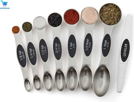 Dappermann | Ensemble de 8 cuillères à mesurer magnétiques de Luxe - Tasses et cuillères à mesurer - Cuillère à mesurer en acier inoxydable - Solide et liquide