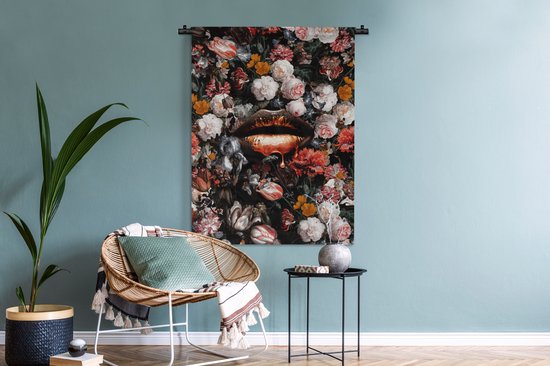 Tapisserie Murale - Toile Murale - Lèvres - Fleurs - Peinture - Oranje - Art - Abstrait - Maîtres Anciens - 90x120 cm - Tapisserie